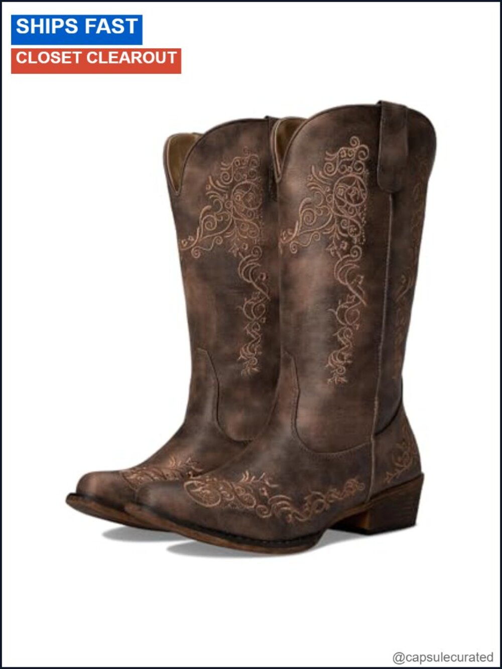 Faux Leather Mid Calf Cowboy Boots Embroidered Snip Toe Low Heel